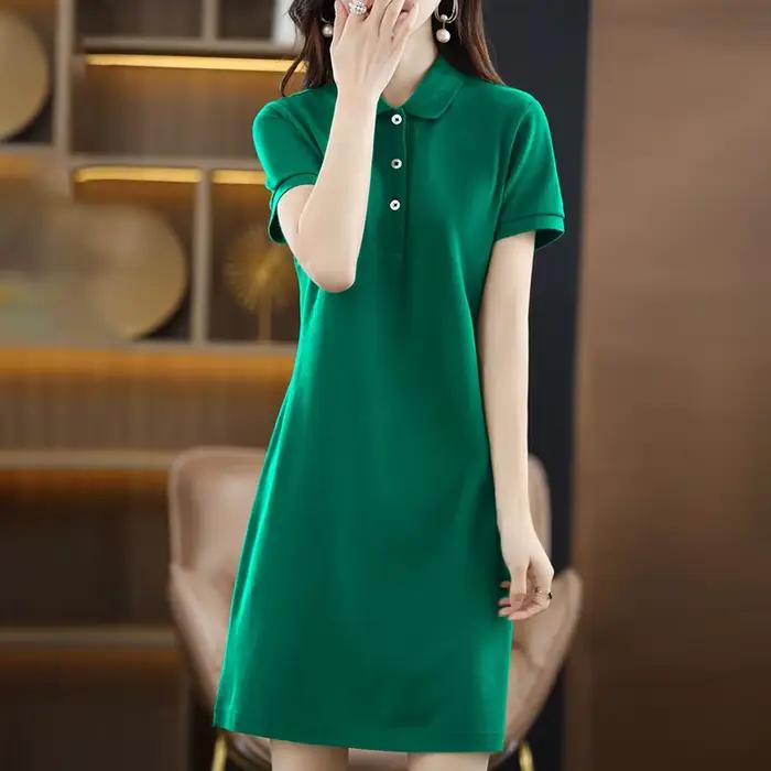 Robe longue à col polo pour femme, 100% coton doux, pull grande taille, pull à manches courtes, robe