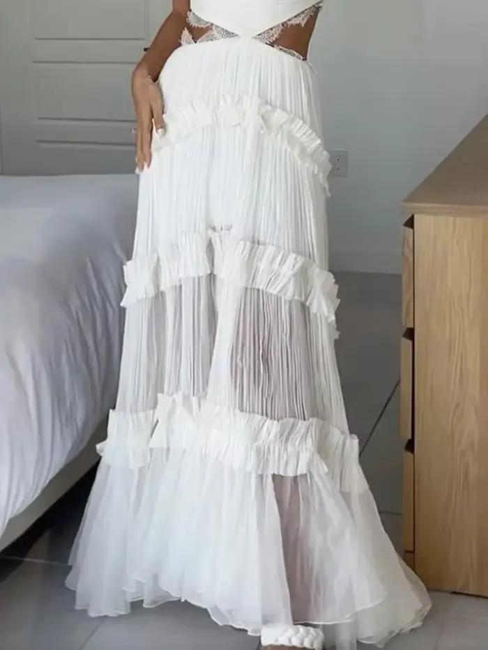 Robe longue en dentelle, couleur unie, col en V, Sexy, bretelles, sans manches, coupe, dos nu, trans