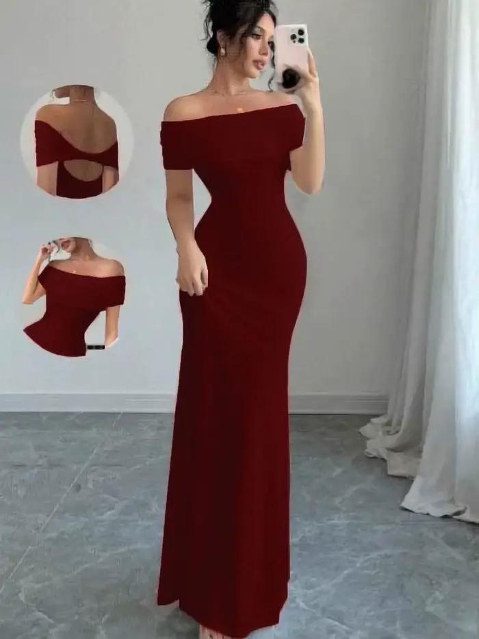 Robe de soirée à épaules dénudées, robe mi-longue moulante sexy sans manches pour femmes, robe de co