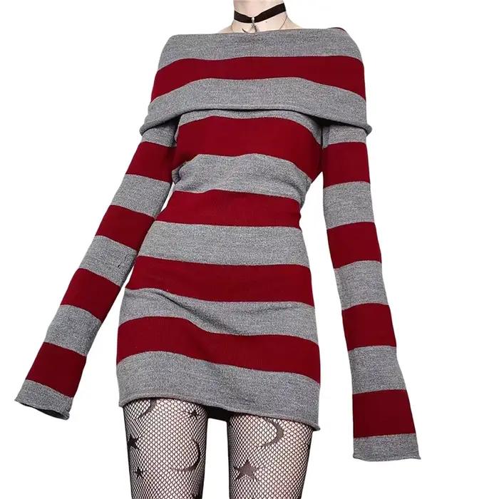 Y2K Pull Rayé Mini Robe Mall Goth Grunge Emo Moulante Chic Femmes Hors Épaule Manches Longues Slim F