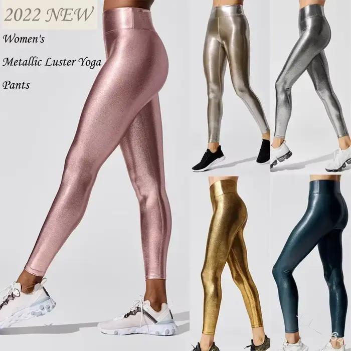 Pantalon de Yoga brillant métallique pour femmes, Leggings taille élastique, vêtements de sport bril