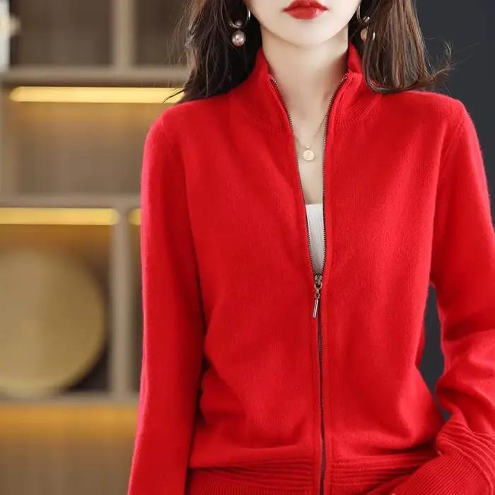 Nouveau pull en laine pour femme printemps-automne 2026, cardigan court à col montant zippé, couleur