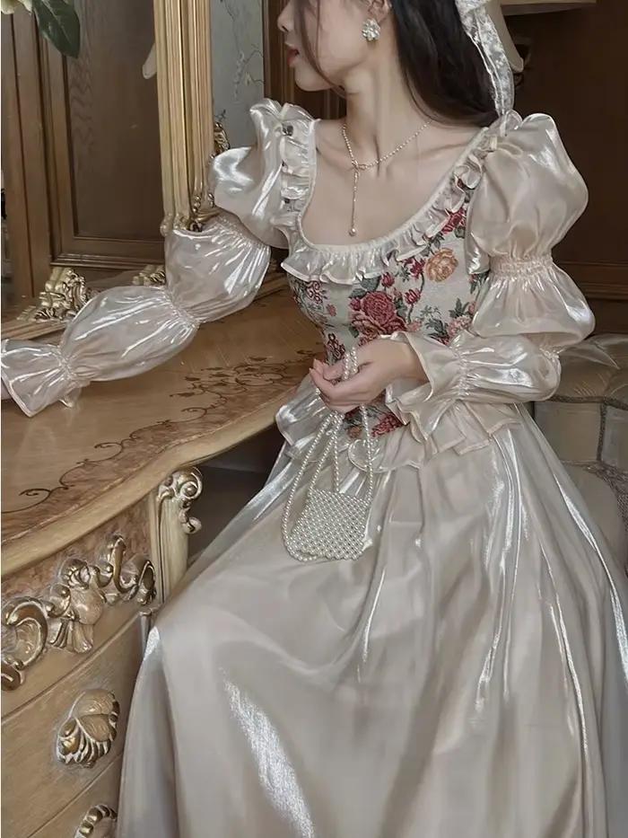 Vintage élégant imprimé robe florale femmes 2023 automne col rond décontracté soirée robe mi-longue 
