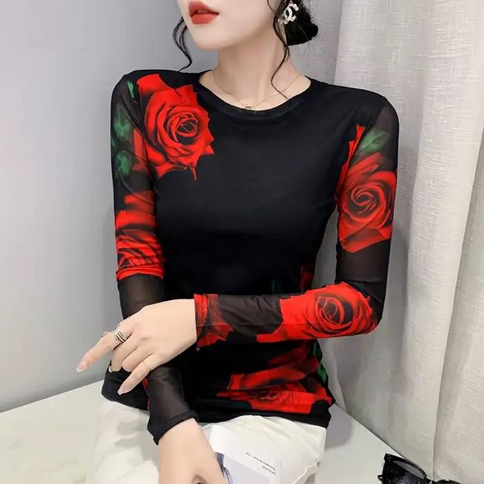 Taille S-3XL filles impression fixe maille T-Shirts T-Shirts femme manches longues col rond extensib