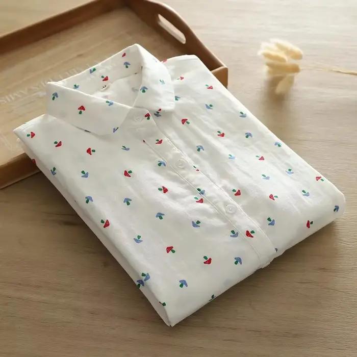 Chemisier en fil de coton 100% pour femme, style Mori Girl japonais, imprimé, chemises blanches à ma