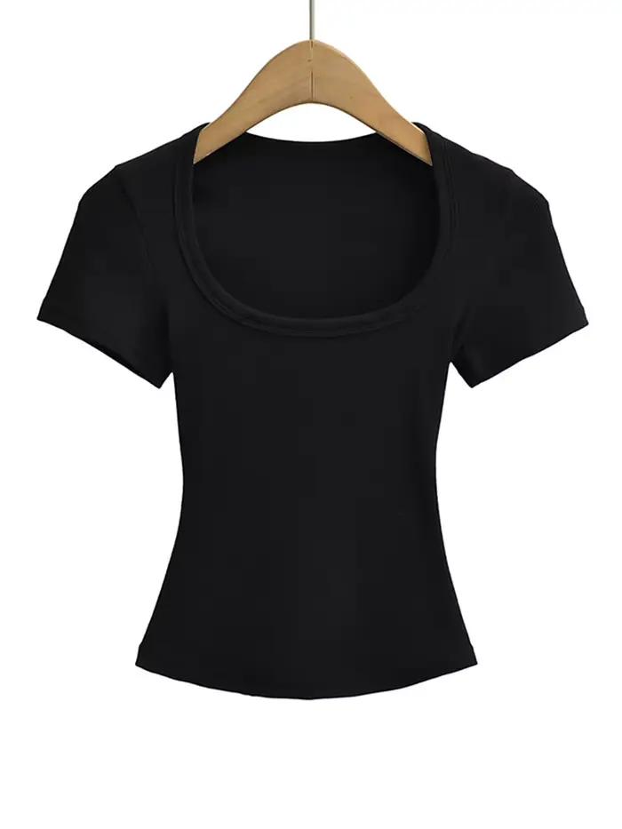 Col carré haute Stretch été culture hauts femmes à manches courtes hauts Sexy pull sommets Blouses m