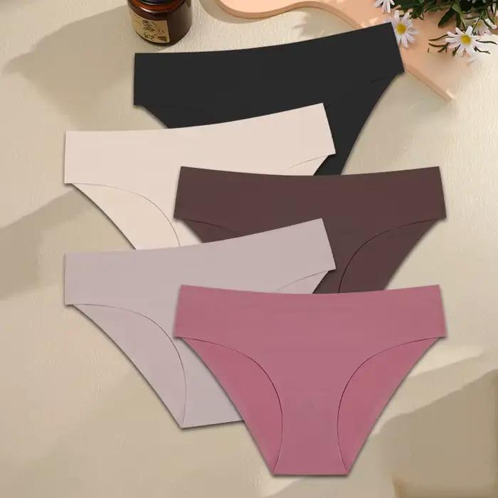 FINETOO 5 pièces culottes sans couture pour femmes sous-vêtements Sexy en soie glacée slips solides 