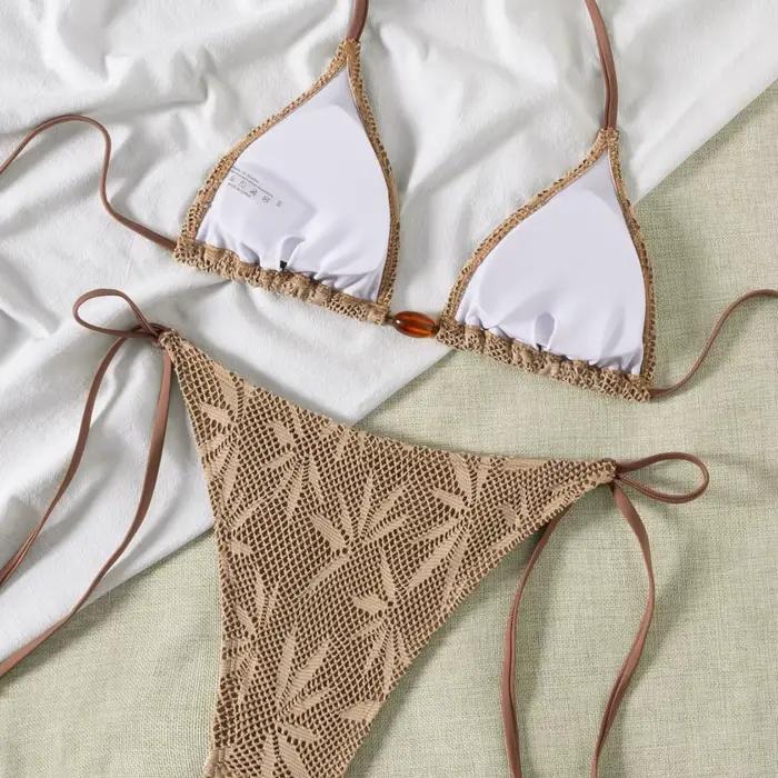 Maillot de bain deux pièces en tissu texturé pour femmes, ensemble deux pièces, avec cravate perlée,