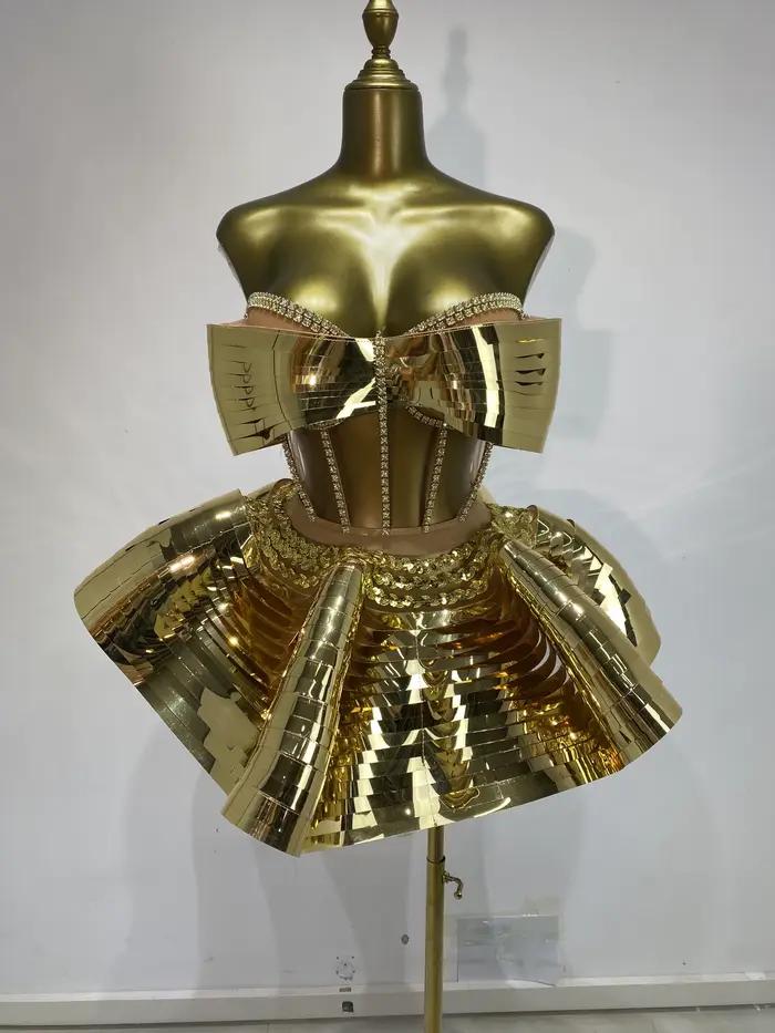 Costumes de danseuse de discothèque, Bustier miroir doré, haut Corset et Mini jupe bouffante, 2 pièc