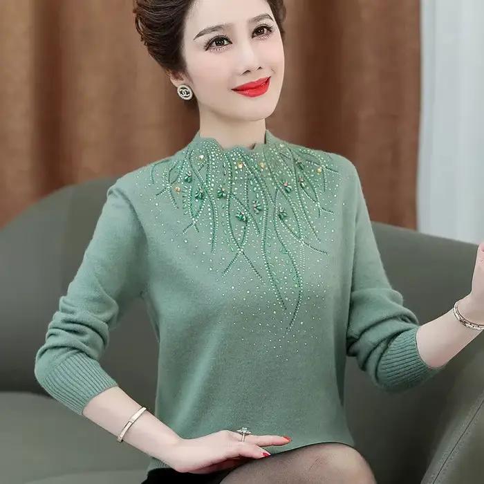 Pull en laine diamant pour femmes d'âge moyen, automne-hiver, pulls en peluche épais et chaud, robe 