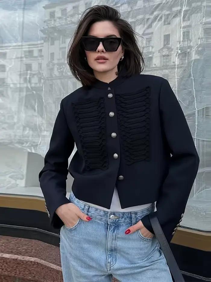 Veste Vintage Femme Col Montant Simple Boutonnage Manches Longues Style Napoléon Manteau Chic Haut d