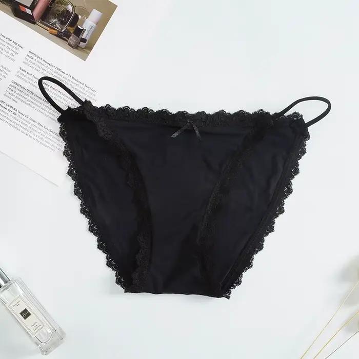 1PC Culotte brésilienne sexy pour femme en soie glacée, avec dentelle, couleur unie, sans couture, t