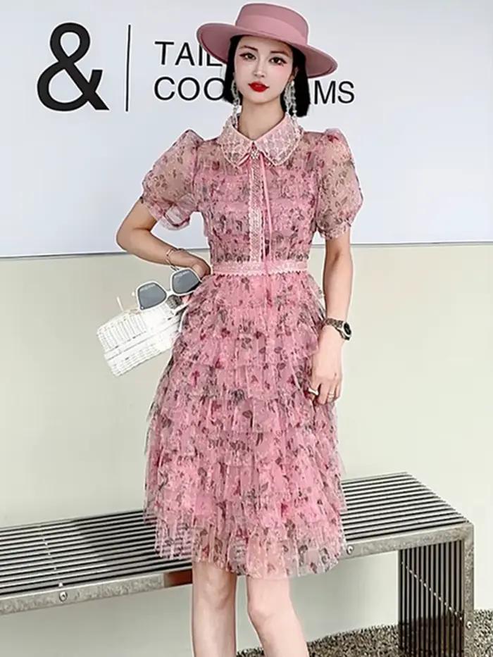 SMTHMA-Robe d'été légère à col perlé pour femme, robes de gâteau de style doux exquis, patchwork imp