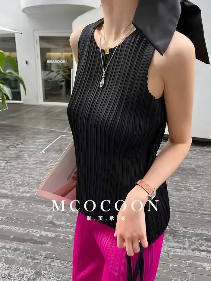 YUDX-T-shirt plissé à col rond pour femme, haut précieux, tempérament décontracté japonais, concepti