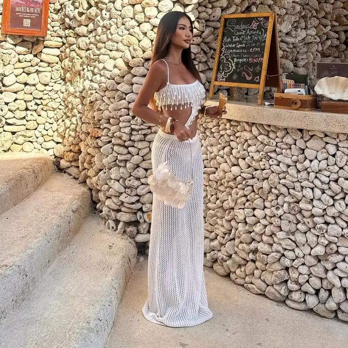 Robe longue en perles pour femmes, Sexy, tricot, col licou, Corchet, robe de plage, taille haute, dé
