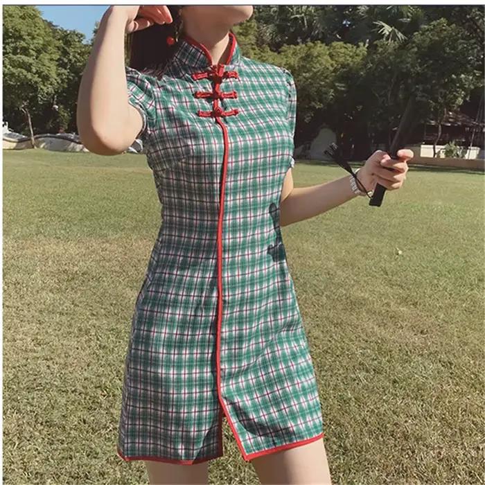 Qipao – robe à carreaux en coton pour femmes, motifs Vintage à rayures, tenue de soirée élégante, ét