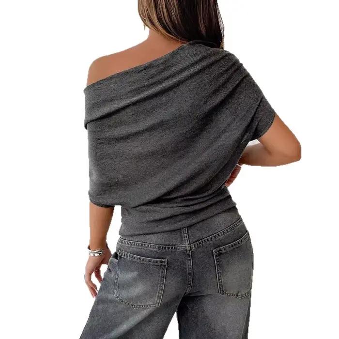 BKQU T-shirts d'été sexy à une épaule, mode slim, manches courtes chauve-souris, crop tops froncés, 