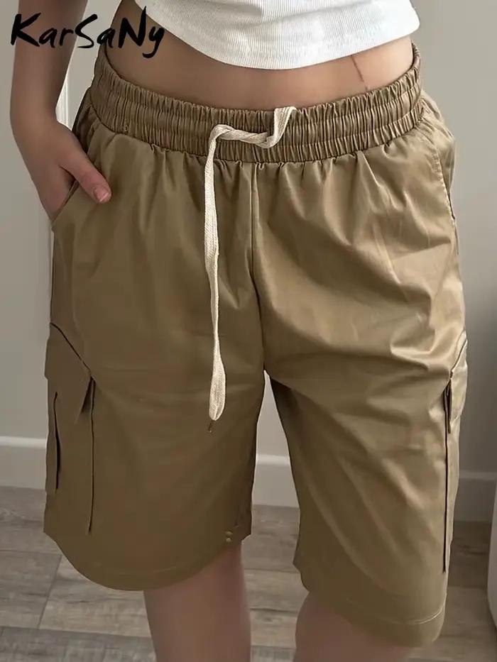 Short cargo taille haute pour femme, bermuda d'été, monochrome, grande poche, décontracté, jambe dro
