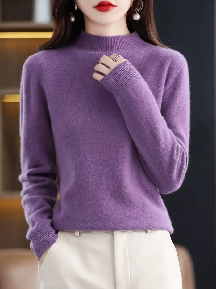 100% laine mérinos pull femmes col montant pull automne hiver basique doux chaud pulls à manches lon