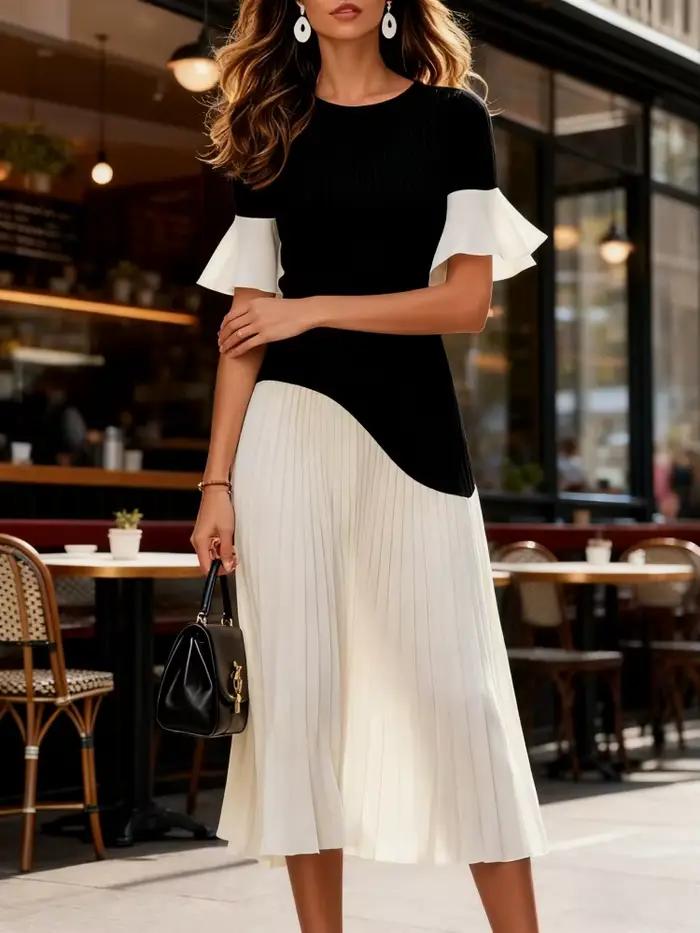Robe Midi Contraste Noir et Blanc Freeacy 2026 Nouvelle Collection pour Femme, Manches Mi-Longues, C