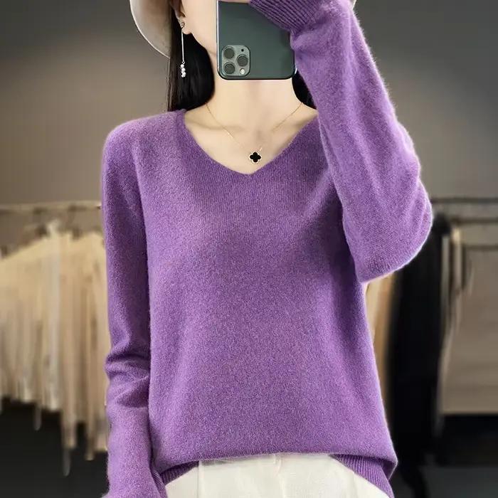 Pull en cachemire à col en V pour femme, 100% laine mérinos, pull basique, manches longues, tricots 