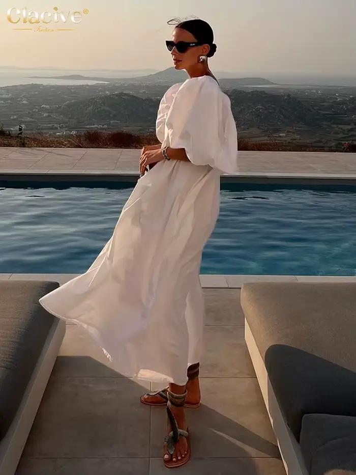 ClacMarkets-Robe blanche décontractée pour femme, col carré, manches bouffantes, longueur rinçage, é