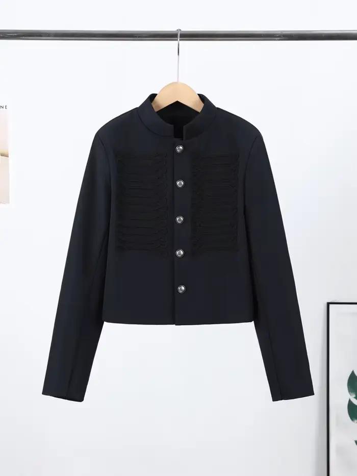 Veste Vintage Femme Col Montant Simple Boutonnage Manches Longues Style Napoléon Manteau Chic Haut d