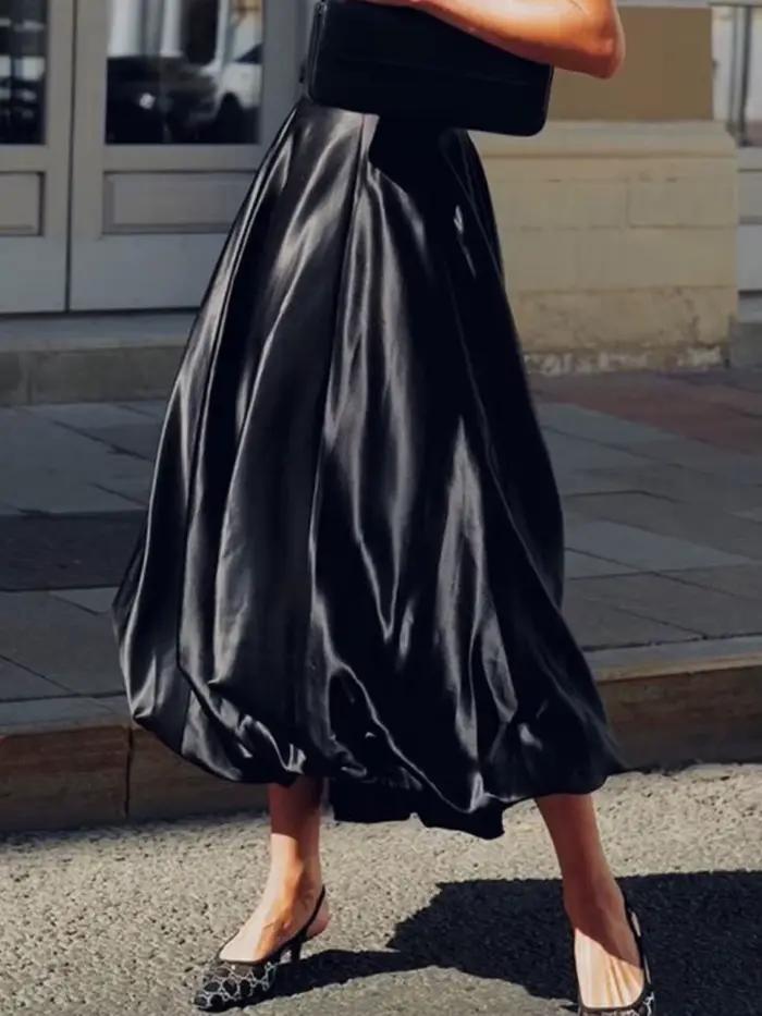 Jupe Trapèze Drapée en Satin pour Femme, Taille Haute, Mode Élégante, Couleur Unie, Fermeture Éclair