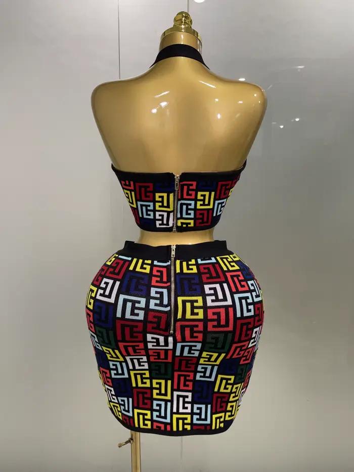 Femmes 2025 nouveau Sexy dos nu licou Jacquard deux pièces Mini jupe ensemble de bandes célébrité co