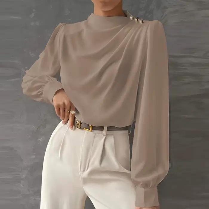 Chemisier blanc à manches longues bouffantes pour femmes, chemises de bureau élégantes, mode printem