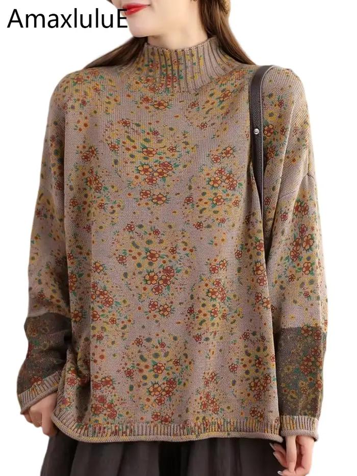 Amax luluE 2024 hiver mode col roulé chandails femmes classique lâche pulls floraux femmes Vintage l