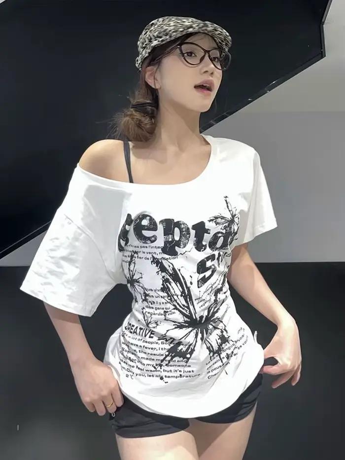 White 100% Cotton Y2k Vintage Oversize Off shoulder Short sleeve T shirt With Print Women Casual Sum