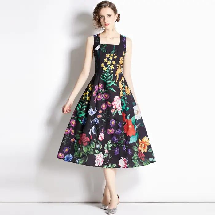 Robe à bretelles spaghetti taille haute vintage pour femmes, col slash, nœud ouvert, dos nu, imprimé