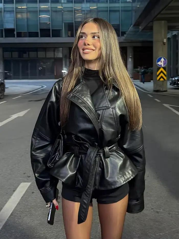 HH femmes mode noir court Faux cuir Trench manteau à manches longues revers veste avec ceinture Vint