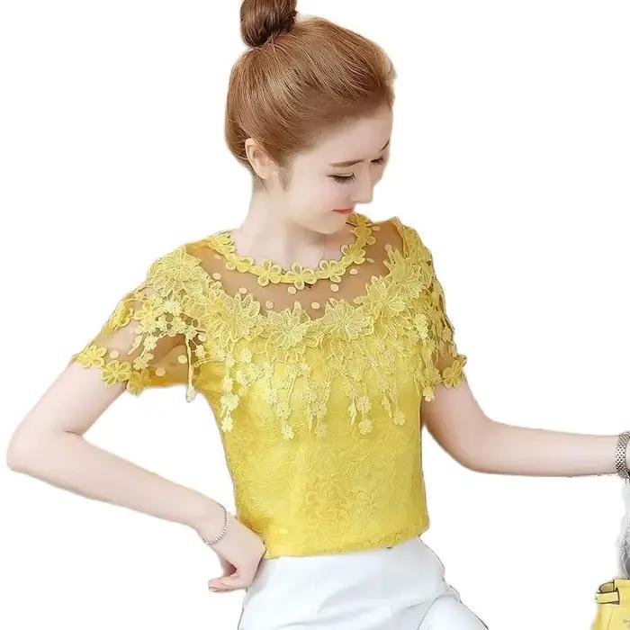 Été Version coréenne T-Shirt femmes nouvelle chemise en dentelle à manches courtes crochet creux dou