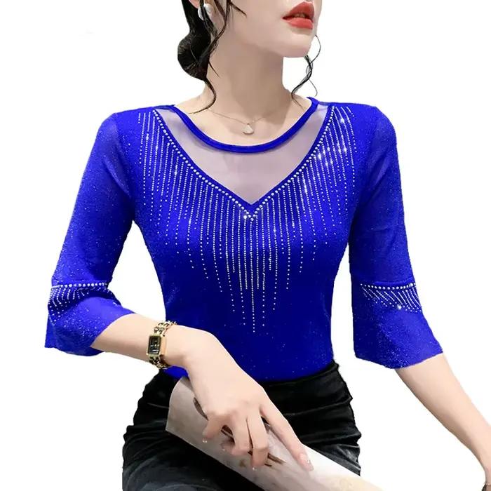 Sexy Patchwork maille t-shirt mince 3/4 manches été femmes haut forage chaud décontracté brillant so