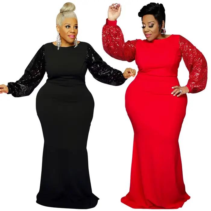 Robe de soirée rouge à paillettes pour femmes, manches longues, maxi, sexy, grande taille, paillette