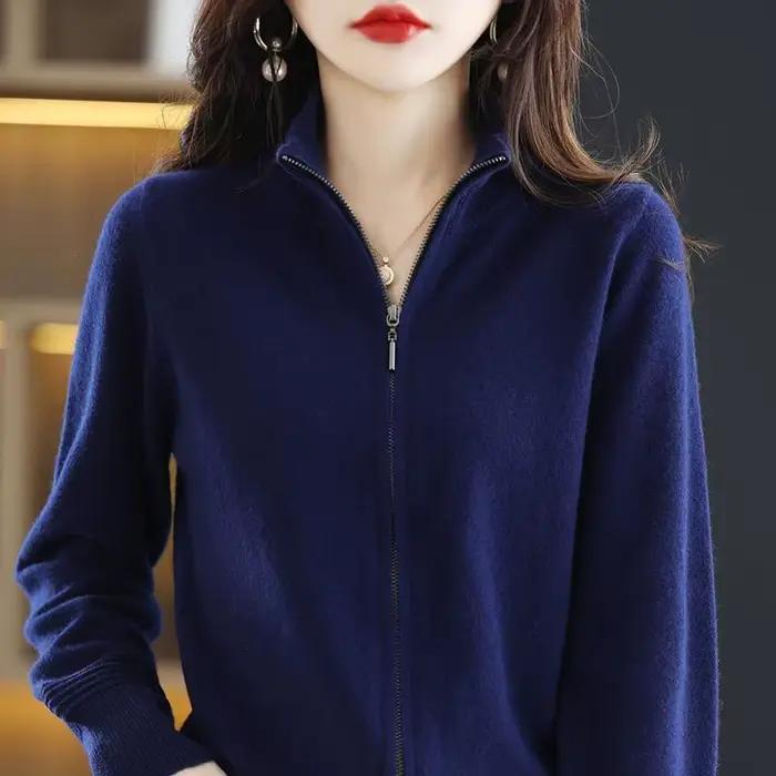 Nouveau pull en laine pour femme printemps-automne 2026, cardigan court à col montant zippé, couleur