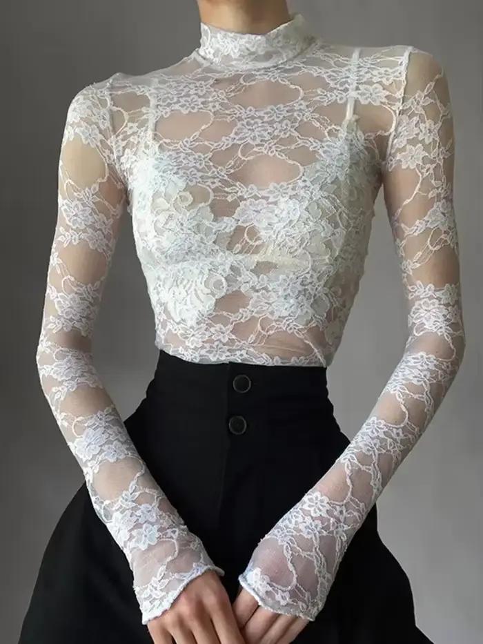 Chemisier Sexy en dentelle pour femmes, chemises d'été à col roulé, manches longues, transparent, Pa