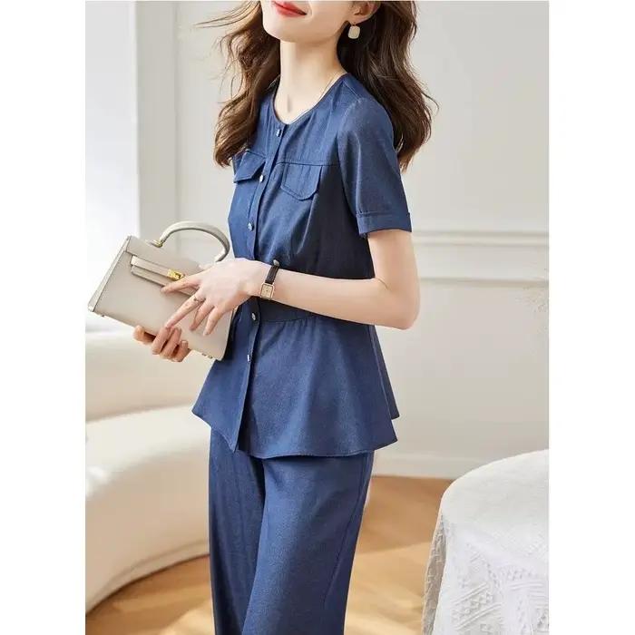 Ensemble en Jean à Manches Courtes pour Femme, Chemise en Denim et Pantalon Droit, Cardigan à la Mod