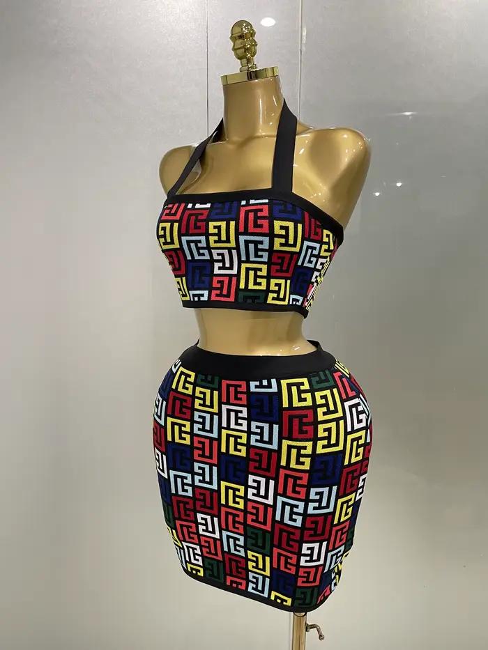 Femmes 2025 nouveau Sexy dos nu licou Jacquard deux pièces Mini jupe ensemble de bandes célébrité co
