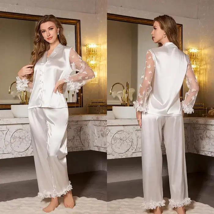 Pyjama femme 2 pièces ensemble Sexy Perspective dentelle à manches longues pantalon Pijamas costume 
