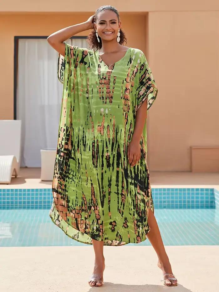 2025 bohème imprimé col en v manches chauve-souris côté fendu robe ample pour les femmes vêtements g