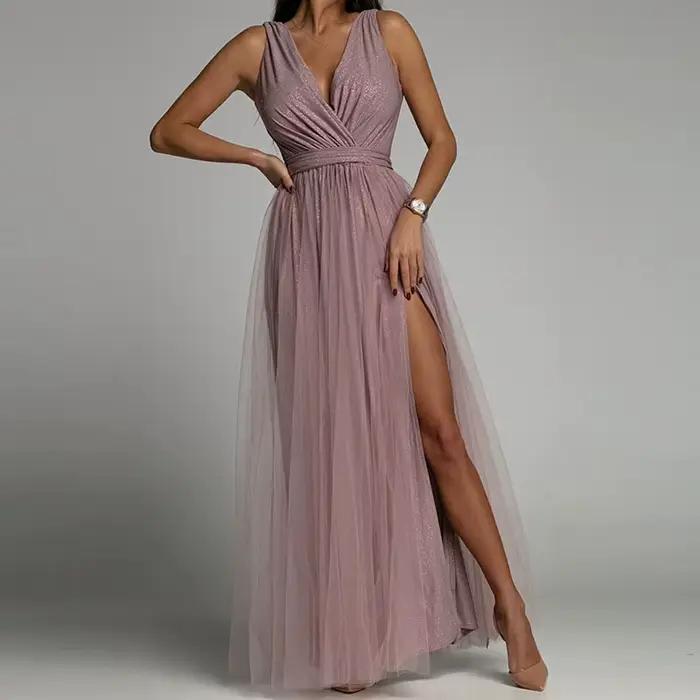 Robe de soirée en dentelle et maille pour femme, tenue de soirée Sexy sans manches, Maxi plis, col e