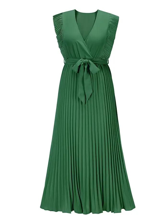 Mode élégante femmes robe sans manches col en V longue robe d'été Sexy pli robe de soirée femme en m