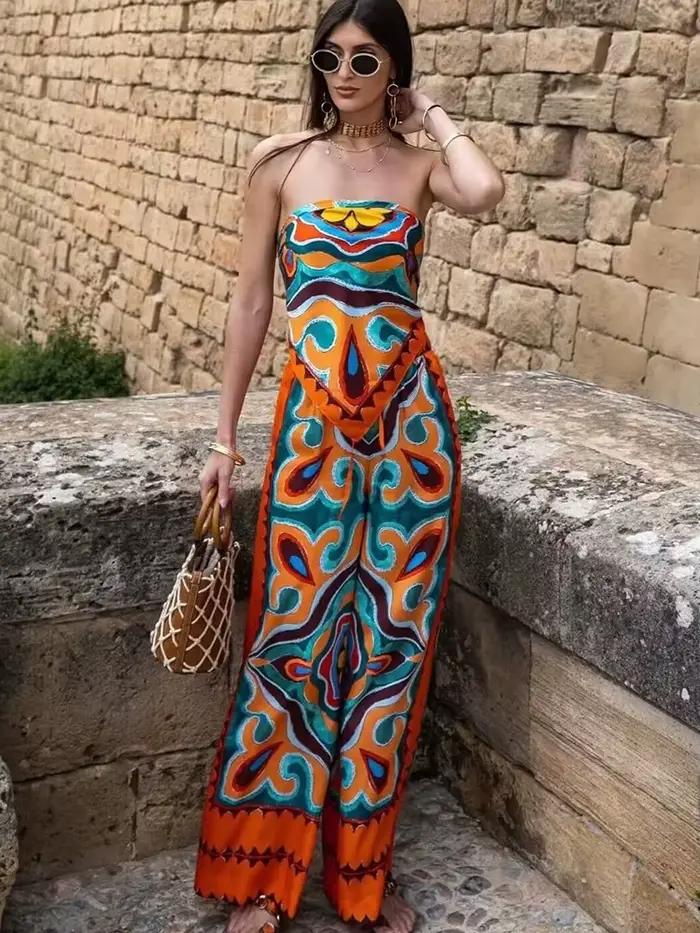 Ensemble deux pièces Vintage pour femmes, ample, style Boho, mode dames, pantalon en Satin, Chic, te