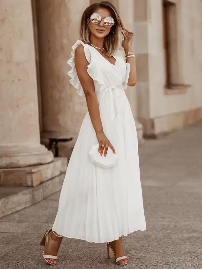 Mode élégante femmes robe sans manches col en V longue robe d'été Sexy pli robe de soirée femme en m