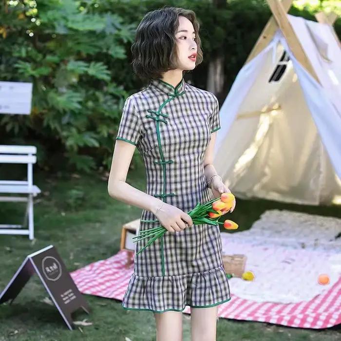 Qipao – robe à carreaux en coton pour femmes, motifs Vintage à rayures, tenue de soirée élégante, ét