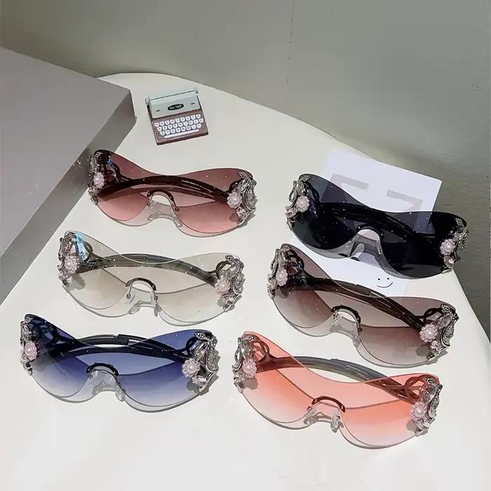KAMMPT – lunettes de soleil Y2k sans bords avec strass pour femmes, monobloc, décoration extérieure,
