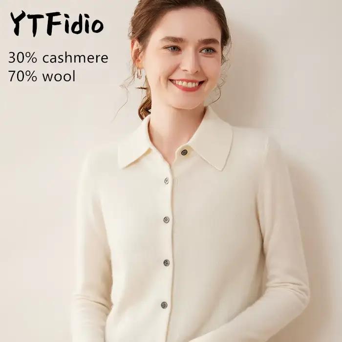 YTFidio cachemire laine mérinos pull femmes col POL à manches longues haut de luxe vêtements de créa